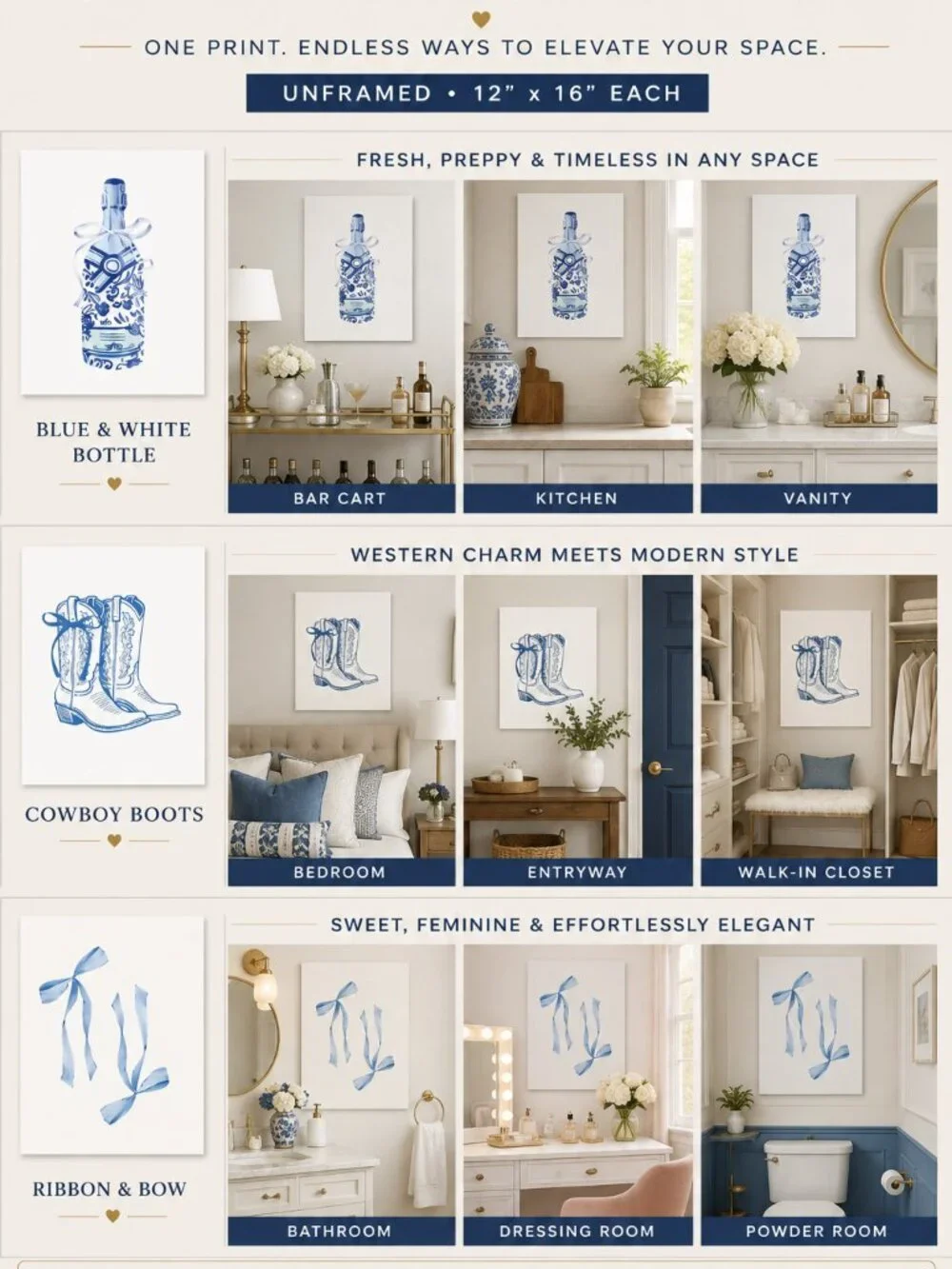 Set of 3 Blue White Western Wall Art Prints 12x16 Cowboy Boots Bow Unframed